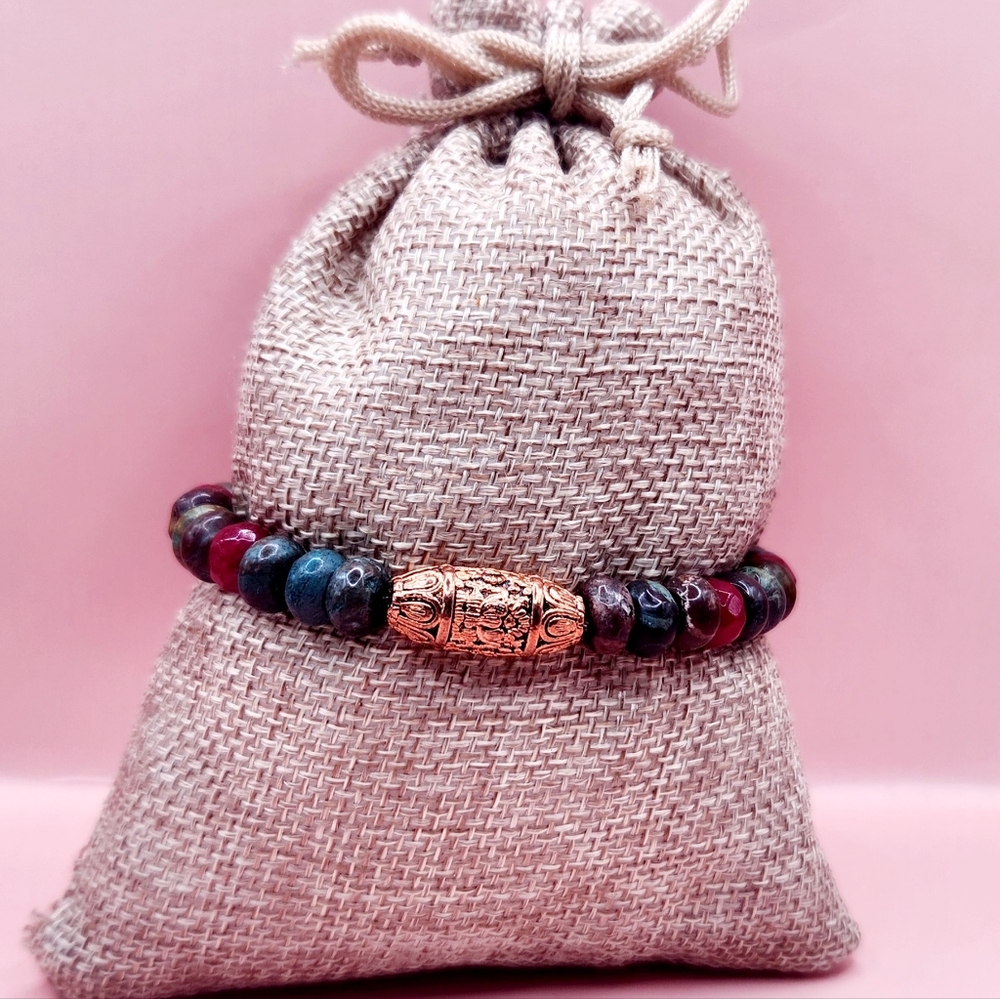 Chrysocolla, Red Jade, and Copper Beaded Bracelet - Picture 3 of 6